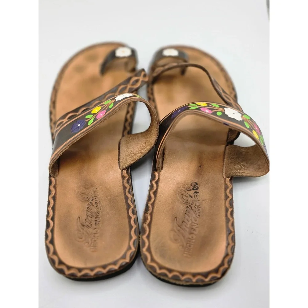 Vintage Handmade Leather Sandals Floral Toe Ring Slides Women's Size 8